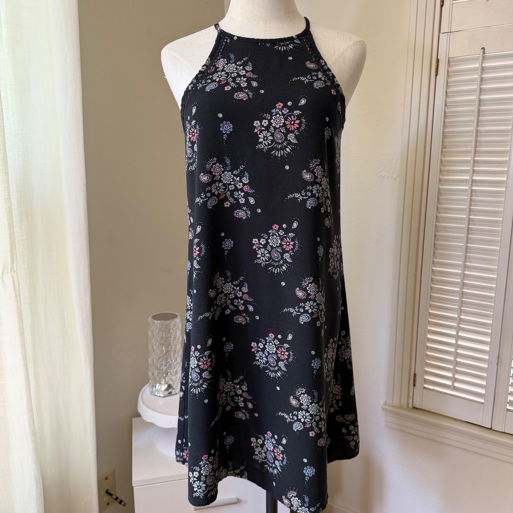 Mudd Womens XS Black Floral Halter Mini Dress‎ Crochet Trim Rayon